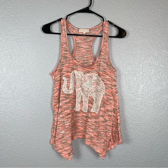 Womens Marled Scoop Neck Racerback Asymmetric Hem Elephant Tank Top Pink - Picture 2 of 7